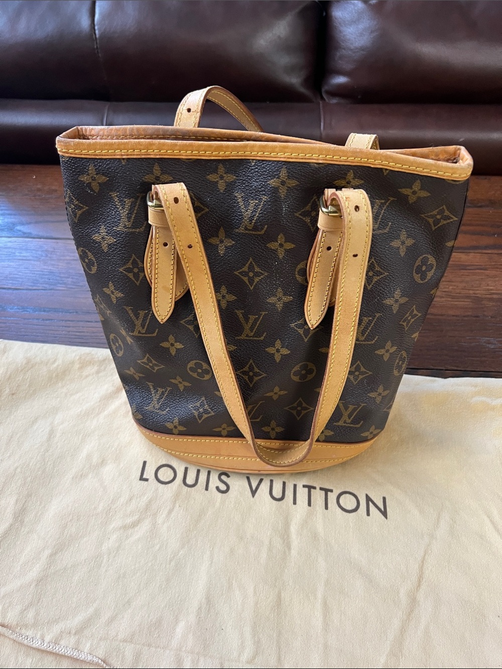 Louis Vuitton Monogram Canvas Bucket Tote in Brown and Tan Leather
